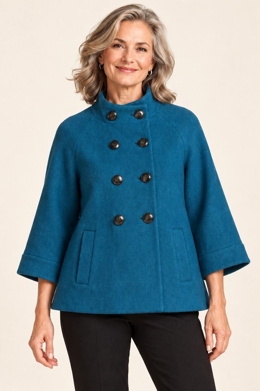 Chico’s 100% Wool Coat Size 2 Large Teal Blue Double Breasted A Line Jacket